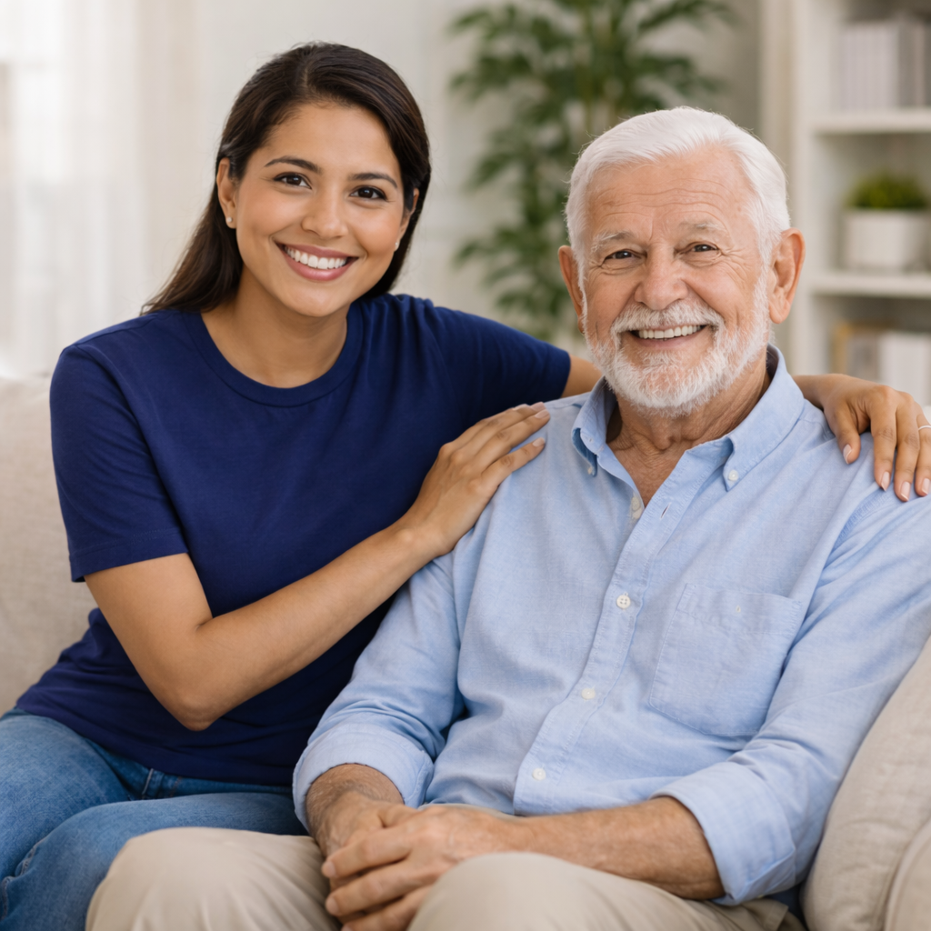 Caregiver and elderly man on couch| senior home care Chester County PA | Neighborly Home Care