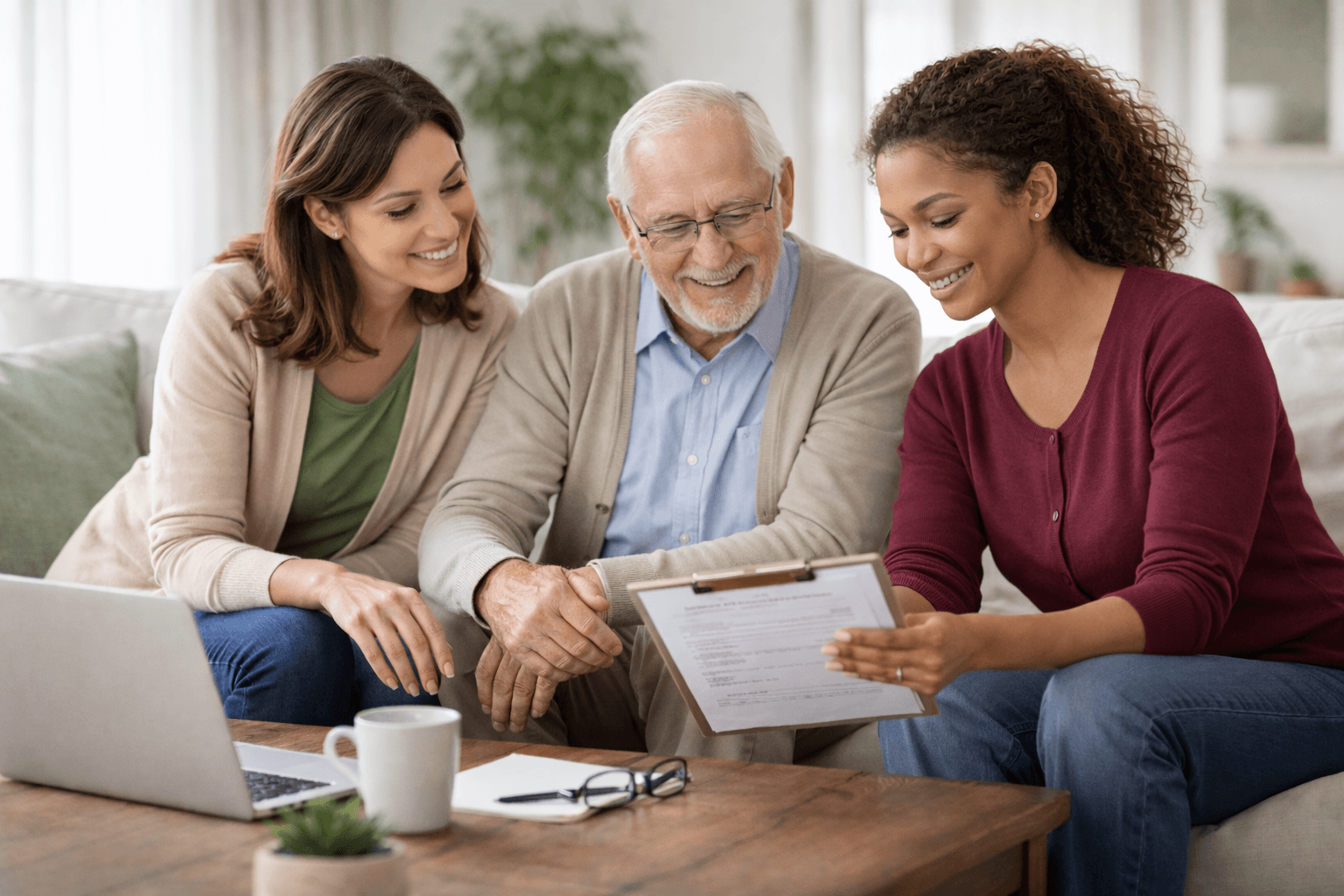 Caregiver and adult child with elderly man on couch | trusted home care Philadelphia PA | Neighborly Home Care