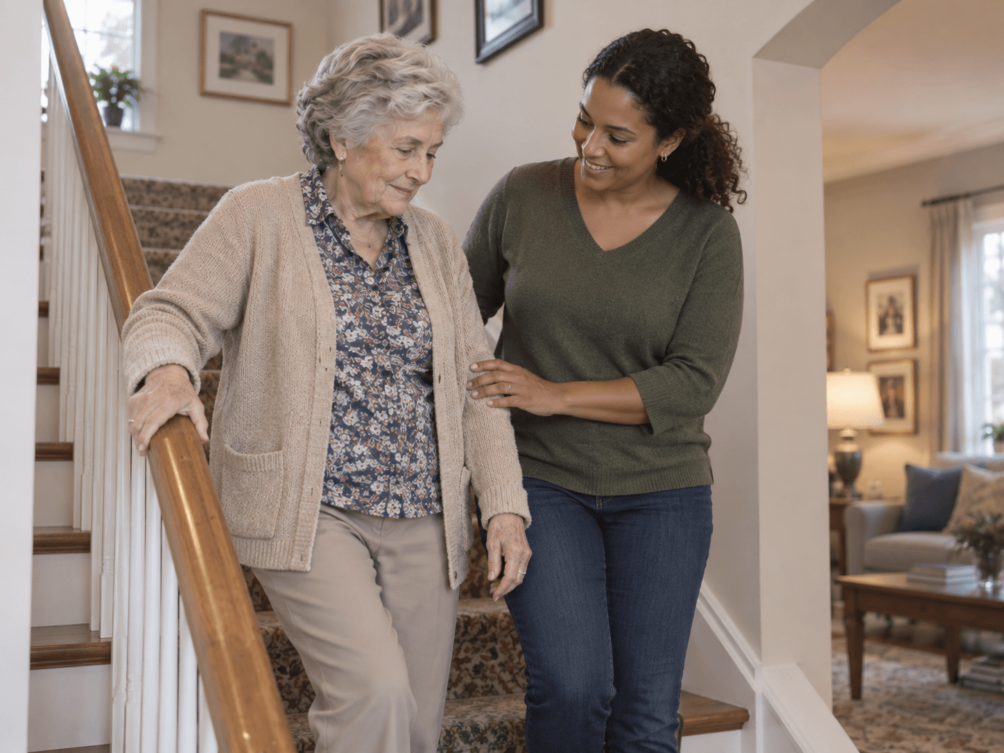 Caregiver sitting with adult son and elderly woman | elderly respite care | Neighborly Home Care