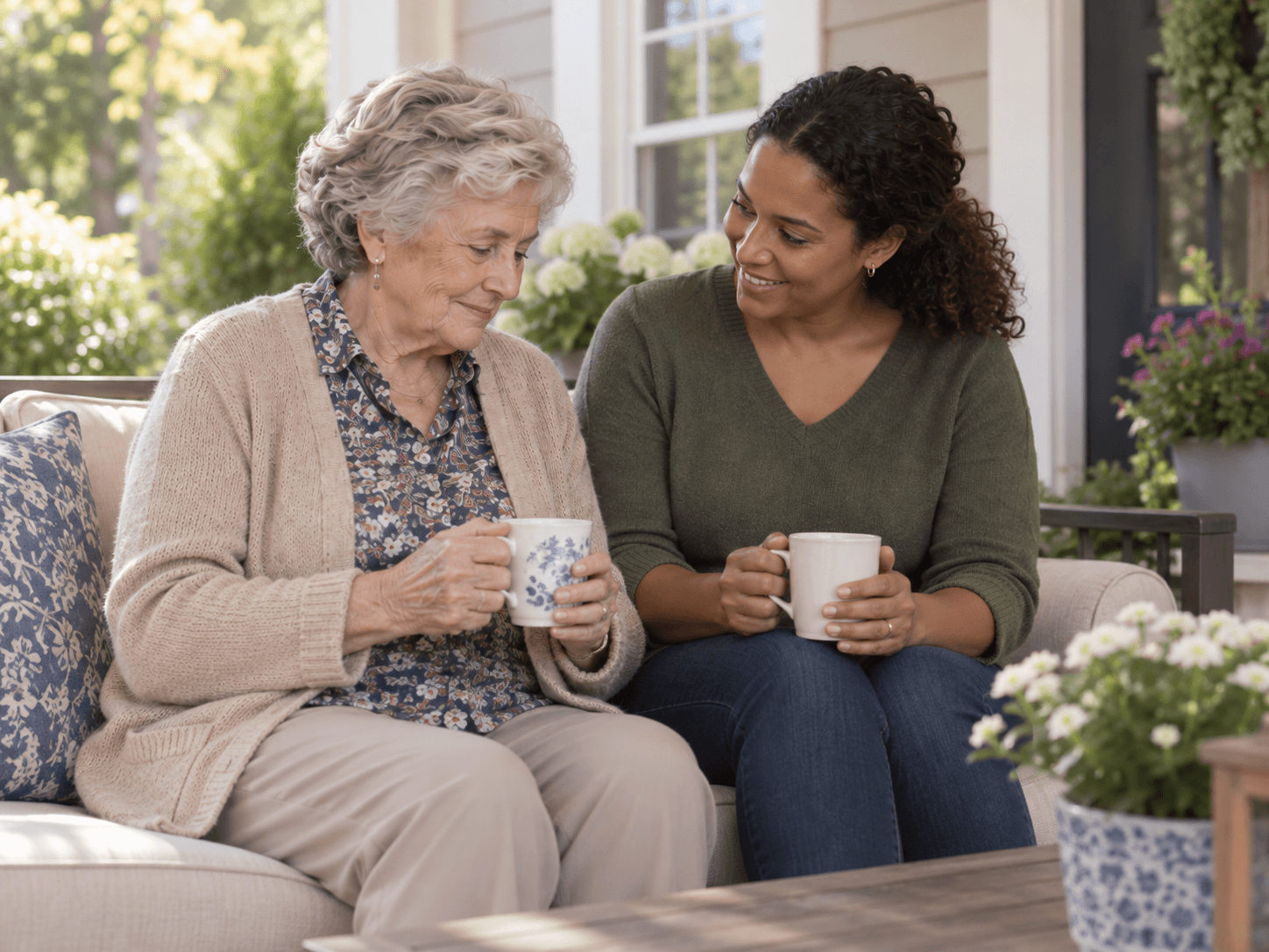 Caregiver laughing with elderly woman in house | elderly respite care | Neighborly Home Care