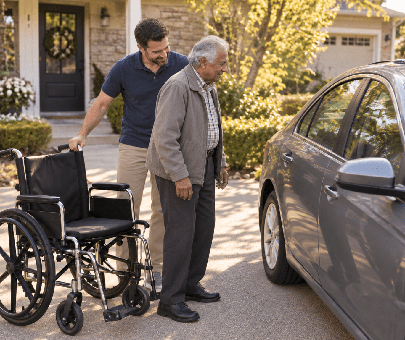 Man in white shirt helping elderly woman out of car | elderly loved one unfit to drive | Neighborly Home Care