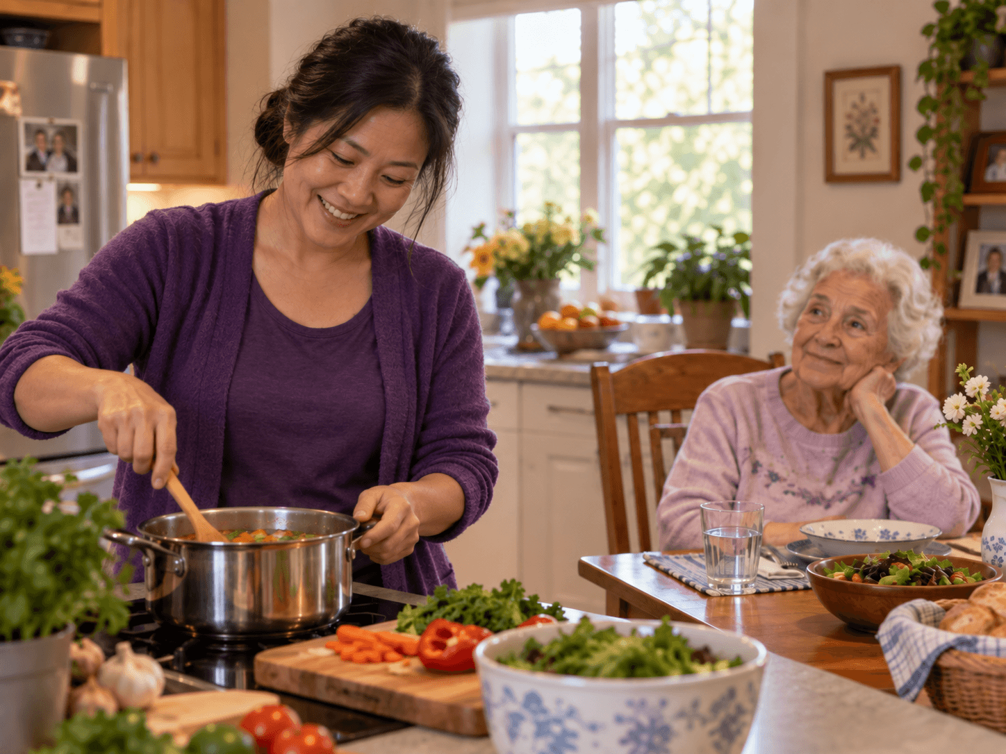 Caregiver helping elderly woman at home | Senior caregiver burnout | Neighborly Home Care